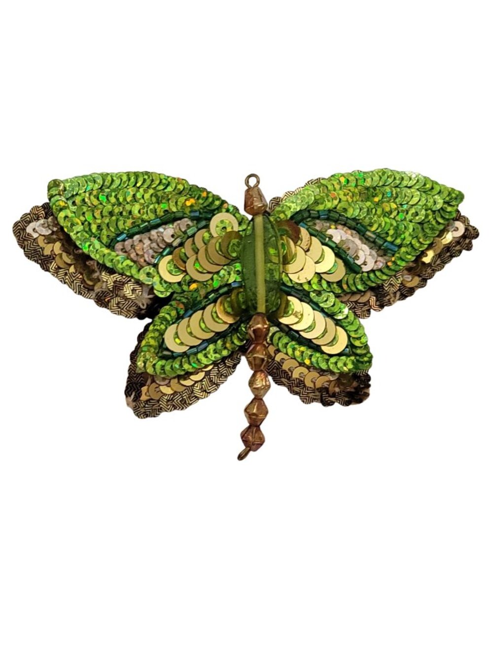 Green, Copper Sequin Seed Bead Large Appliqué Style Butterfly Pin K837